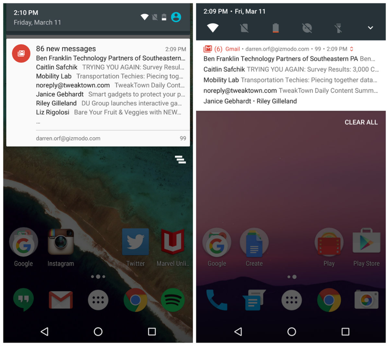 Android M, left, and Android N. You can also see that the notification menu goes completely across the screen, unlike Android Marshmallow.